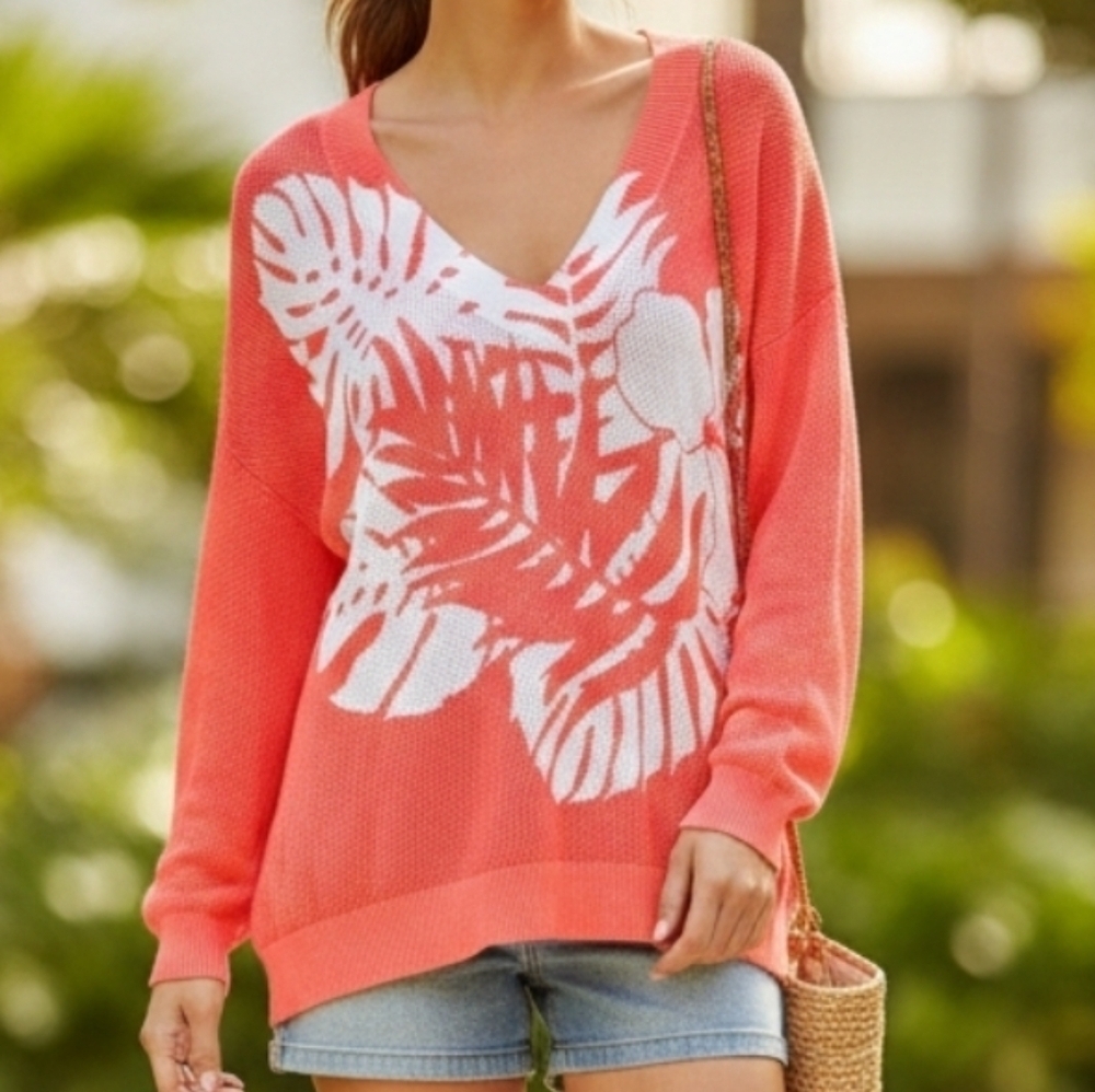 Tommy Bahama Women's Island Savanah Tropical Cotton V-Neck Sweater Coral & White
